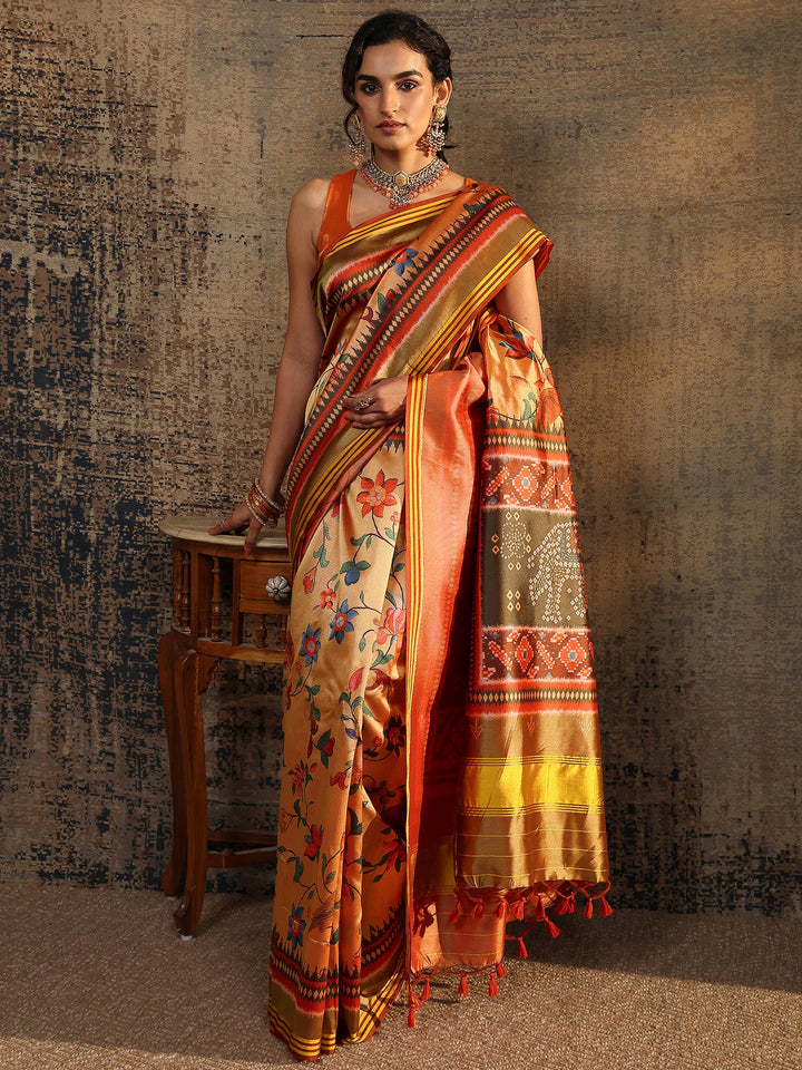Gold Printed Silk Saree With Unstitched Blouse Piece