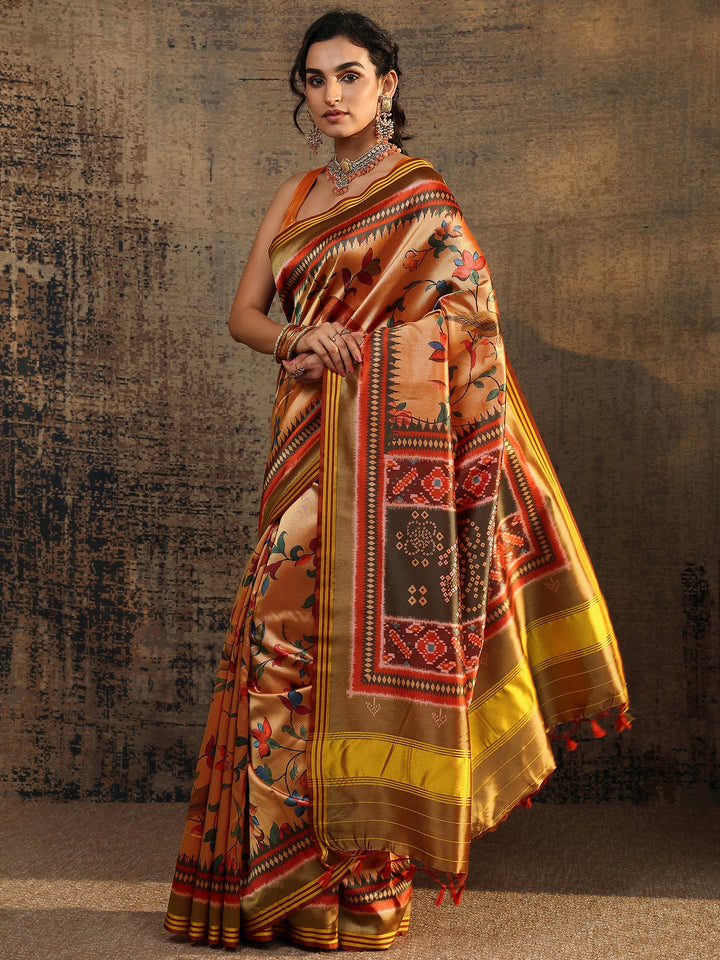 Gold Printed Silk Saree With Unstitched Blouse Piece