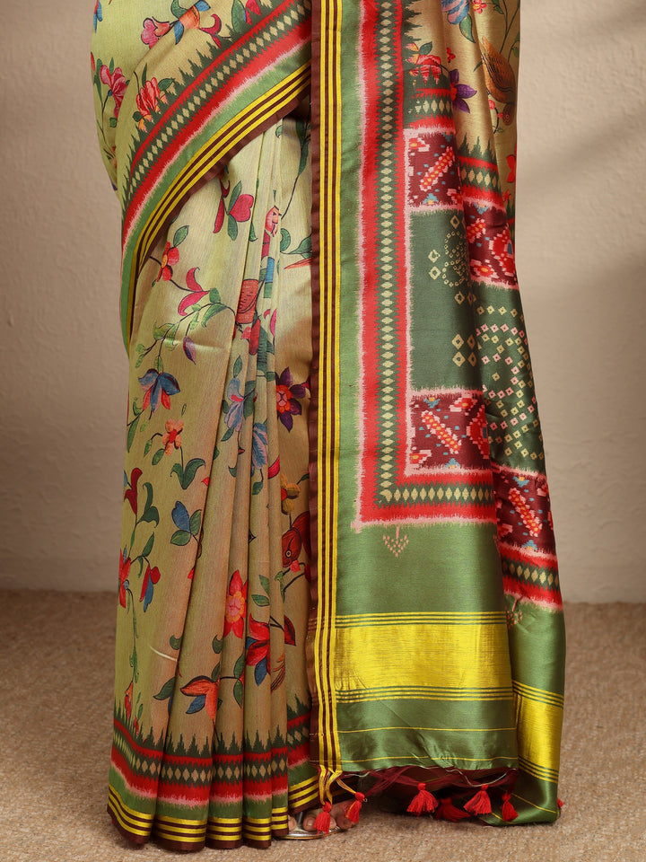 Green Printed Silk Saree With Unstitched Blouse Piece