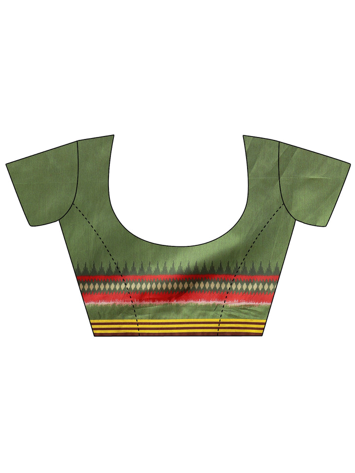 Green Printed Silk Saree With Unstitched Blouse Piece