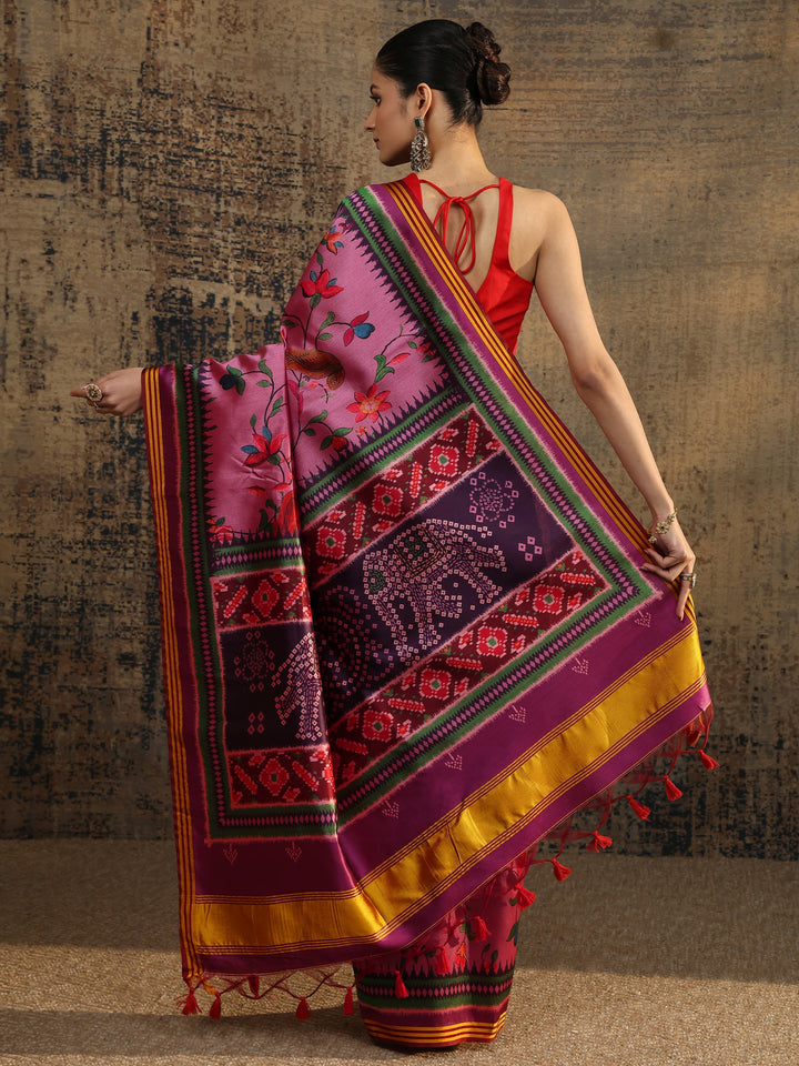 Purple Printed Silk Saree With Unstitched Blouse Piece