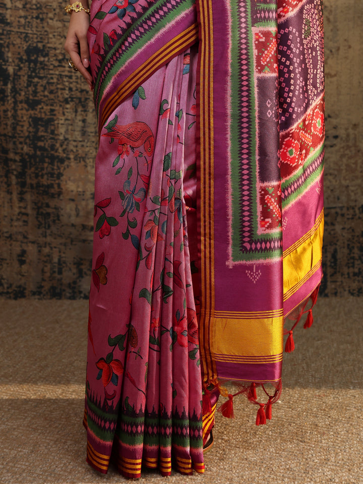 Purple Printed Silk Saree With Unstitched Blouse Piece