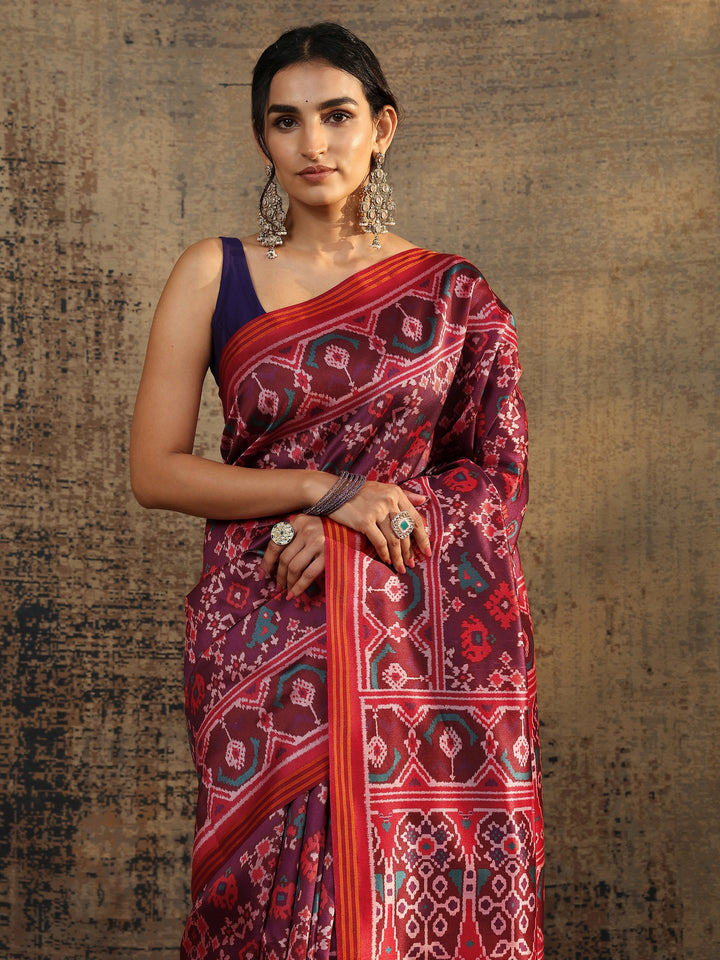 Purple Printed Silk Saree With Unstitched Blouse Piece