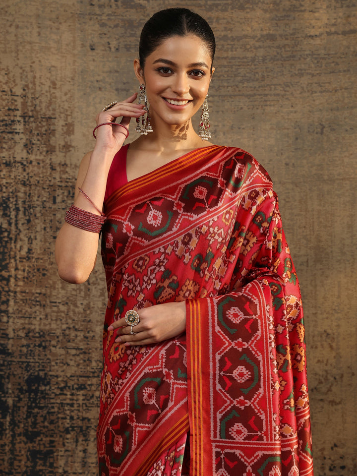 Pink Printed Silk Saree With Unstitched Blouse Piece