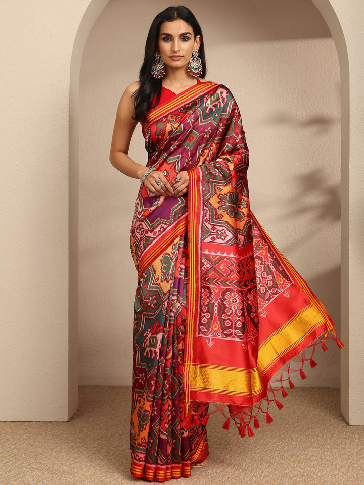 Multi Printed Silk Saree With Unstitched Blouse Piece
