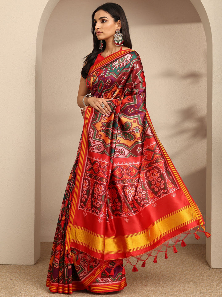 Multi Printed Silk Saree With Unstitched Blouse Piece