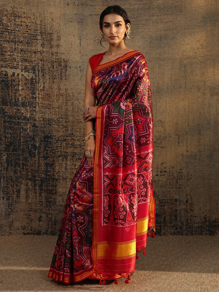 Multi Printed Silk Saree With Unstitched Blouse Piece