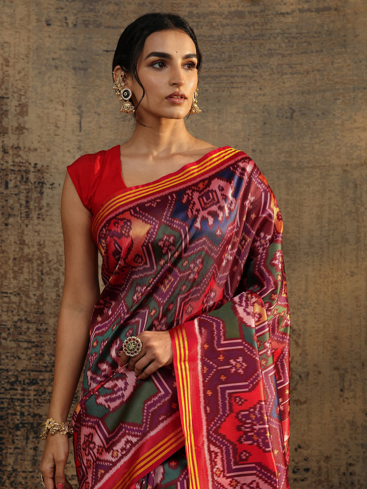 Multi Printed Silk Saree With Unstitched Blouse Piece