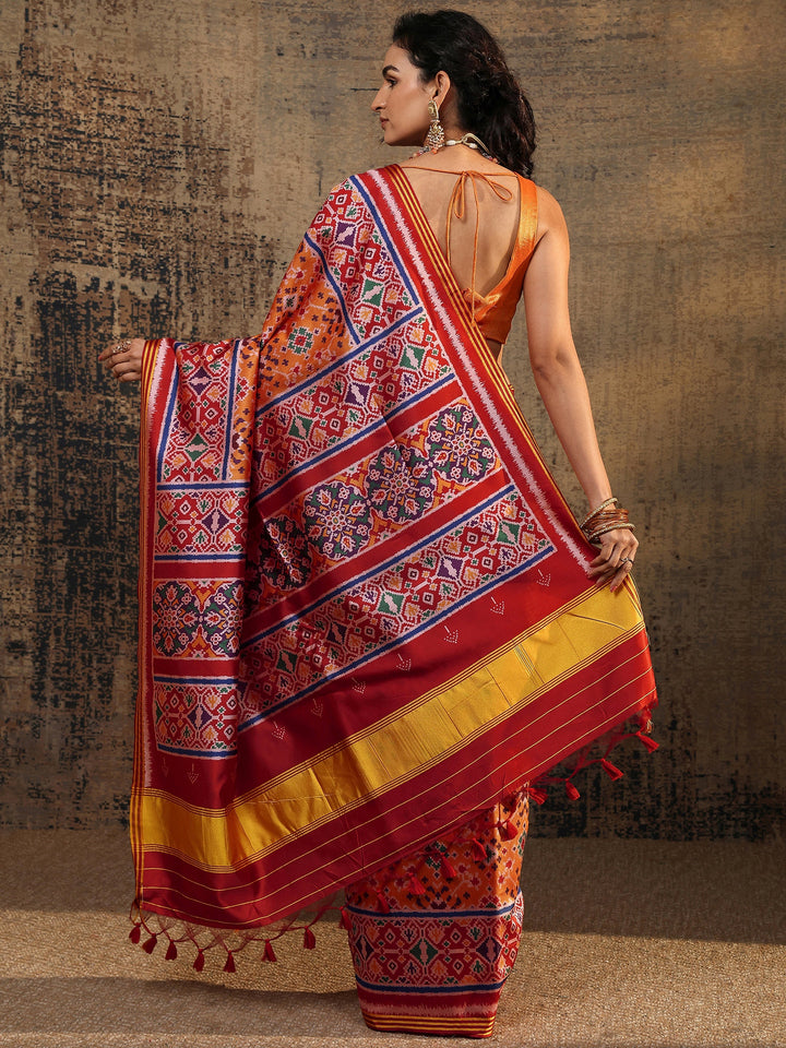 Orange Ikat Printed Silk Saree With Unstitched Blouse Piece