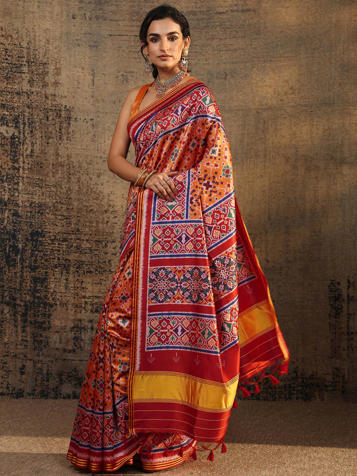Orange Ikat Printed Silk Saree With Unstitched Blouse Piece