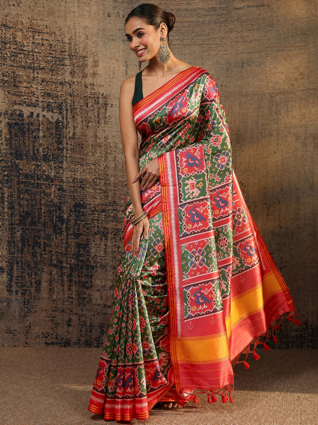Red Ikat Printed Silk Saree With Unstitched Blouse Piece