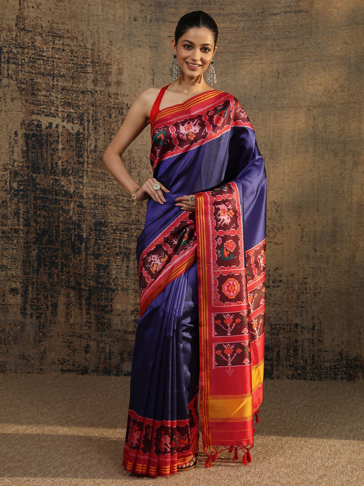 Navy Blue Solid Silk Saree With Unstitched Blouse Piece