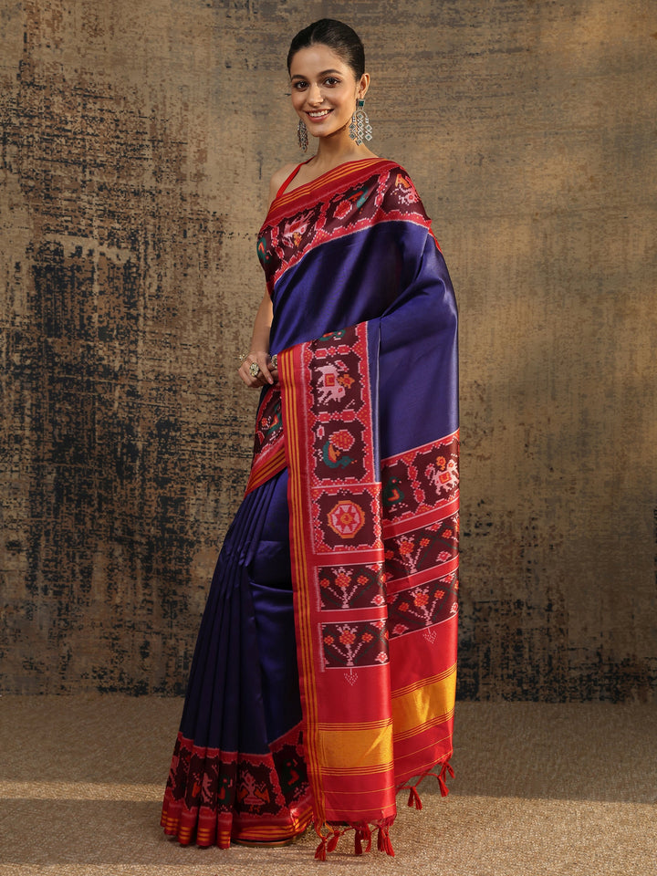 Navy Blue Solid Silk Saree With Unstitched Blouse Piece