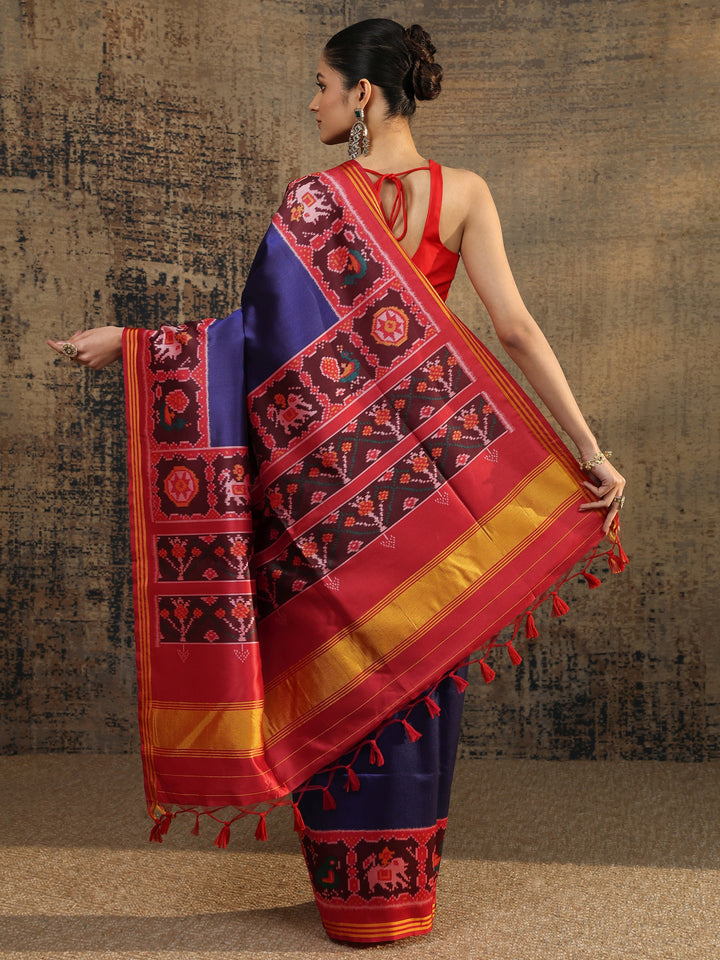 Navy Blue Solid Silk Saree With Unstitched Blouse Piece