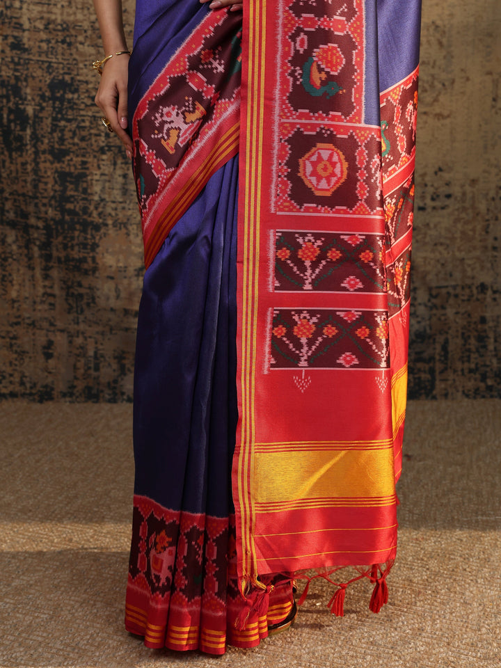 Navy Blue Solid Silk Saree With Unstitched Blouse Piece