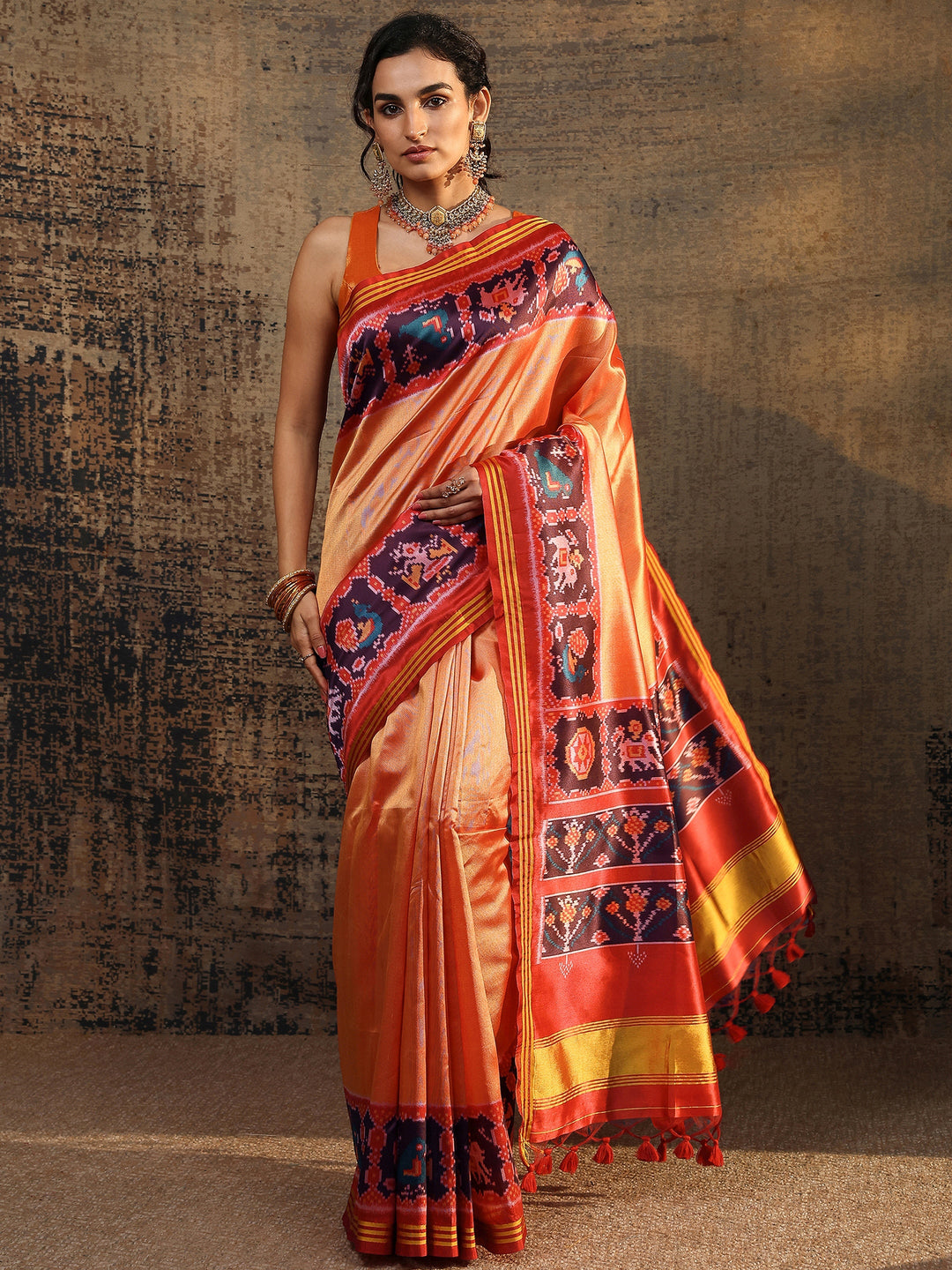 Orange Ikat Solid Silk Saree With Unstitched Blouse Piece