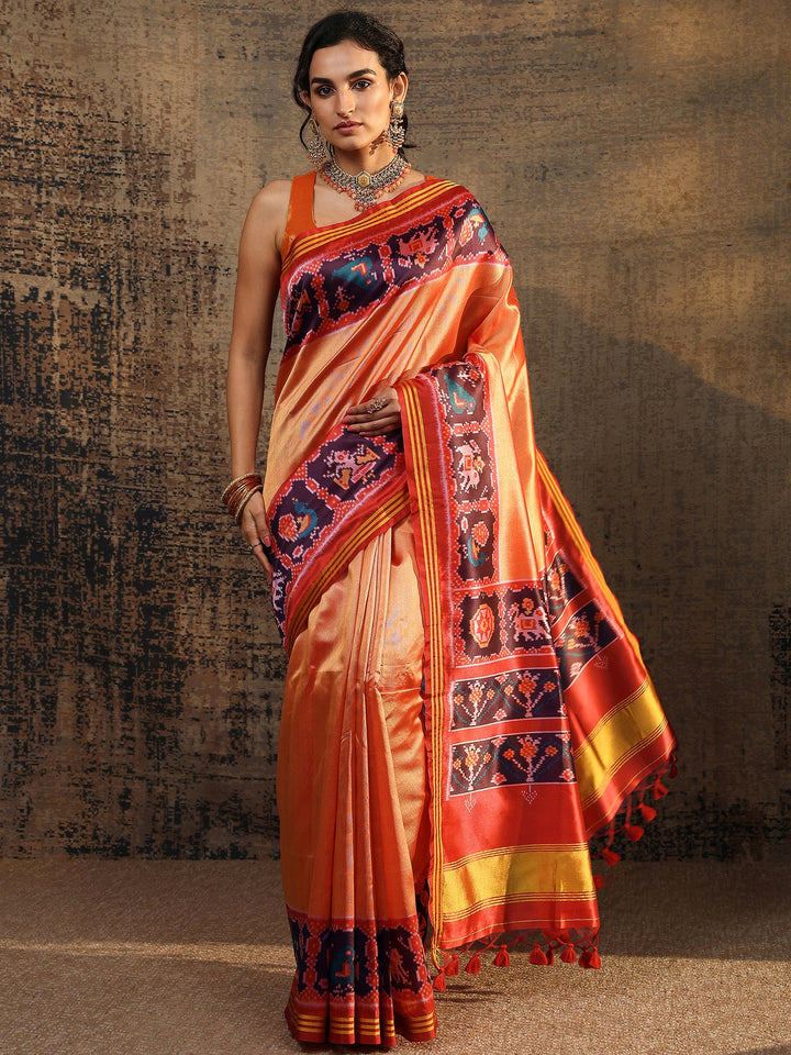 Orange Ikat Solid Silk Saree With Unstitched Blouse Piece