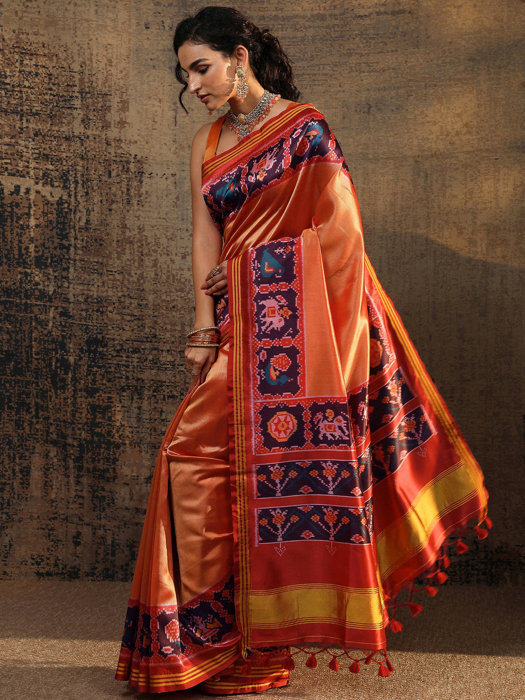 Orange Ikat Solid Silk Saree With Unstitched Blouse Piece