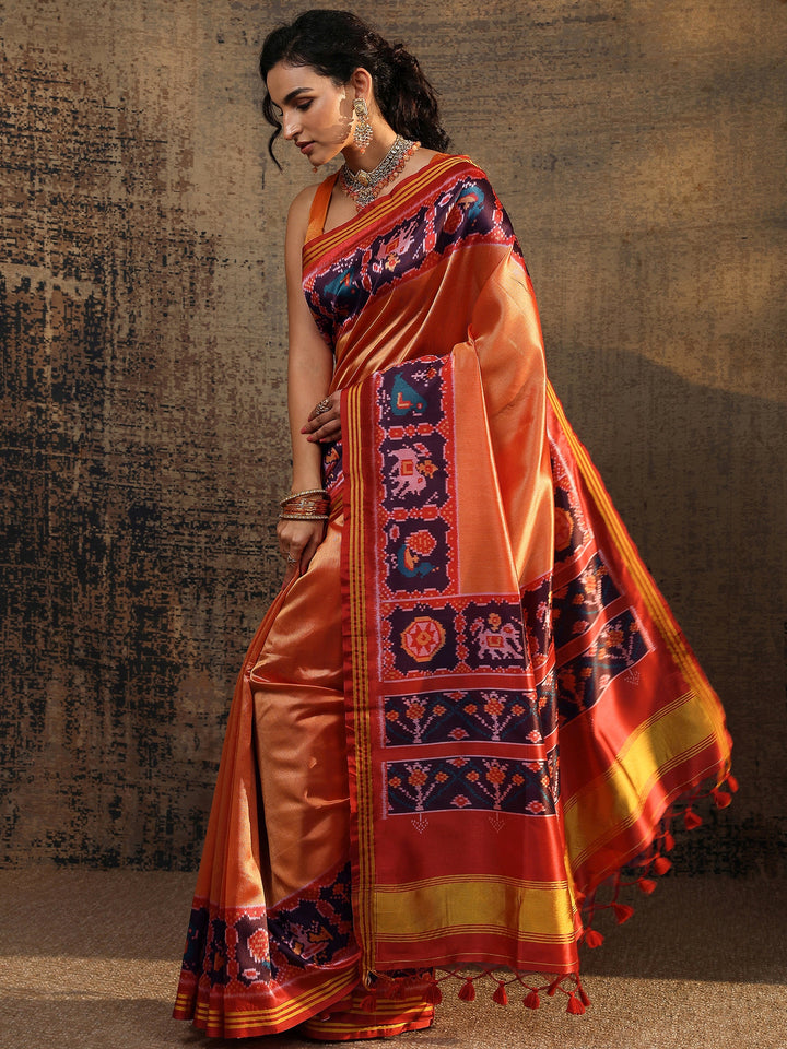 Orange Ikat Solid Silk Saree With Unstitched Blouse Piece