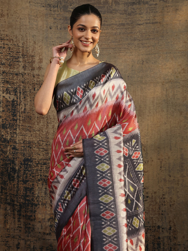 Orange Printed Silk Saree With Unstitched Blouse Piece