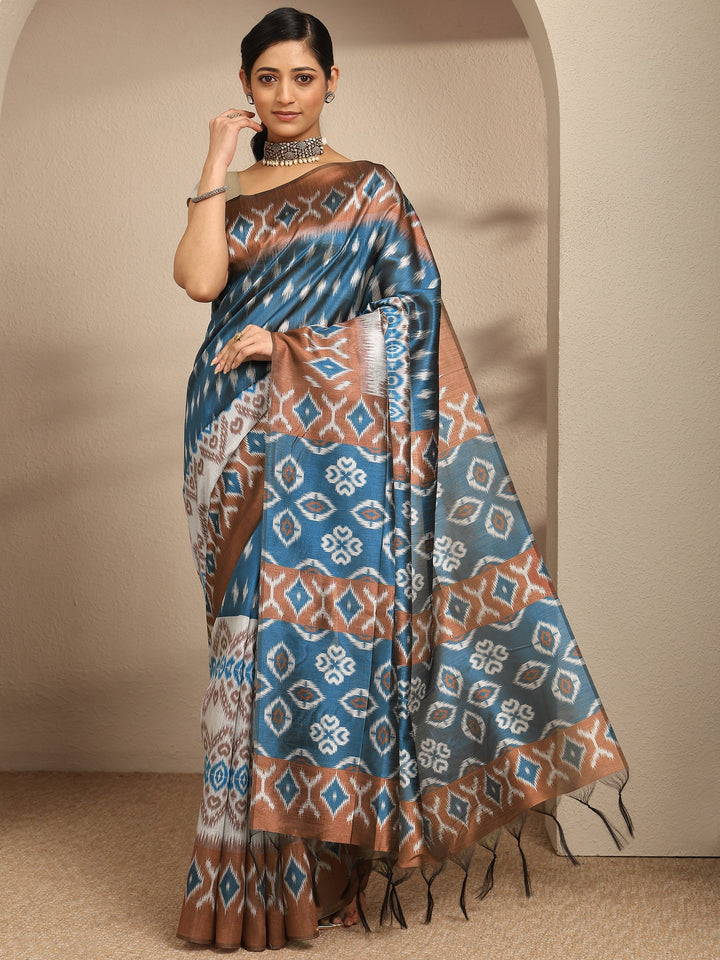 Blue Printed Silk Saree With Unstitched Blouse Piece