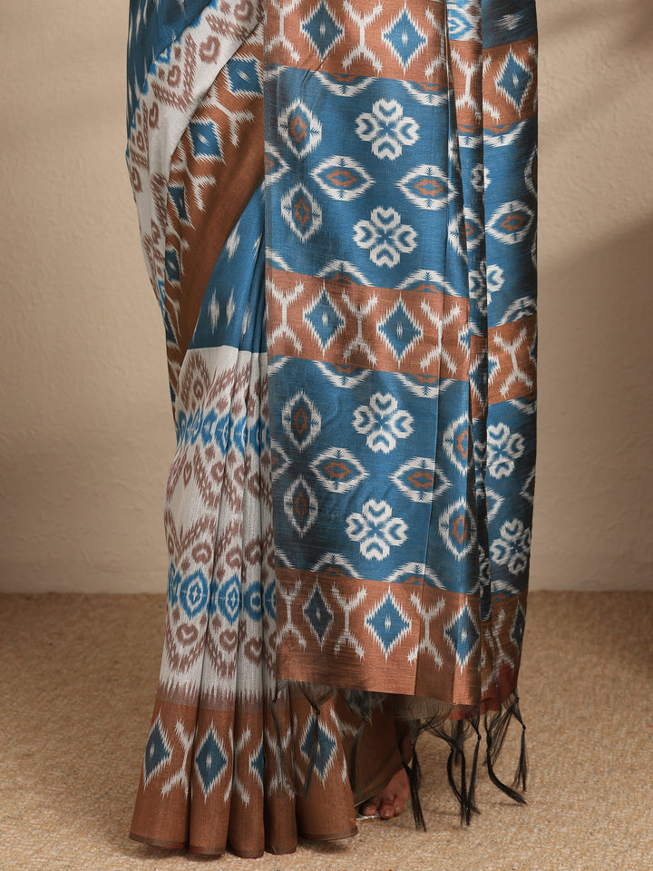 Blue Printed Silk Saree With Unstitched Blouse Piece