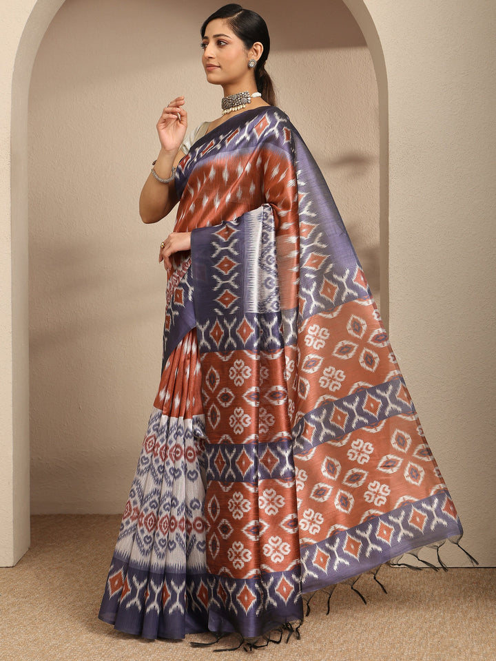 Rust Printed Silk Saree With Unstitched Blouse Piece