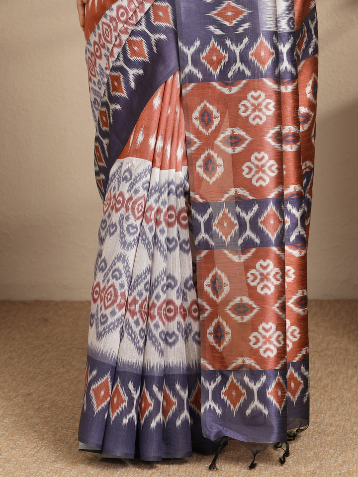 Rust Printed Silk Saree With Unstitched Blouse Piece