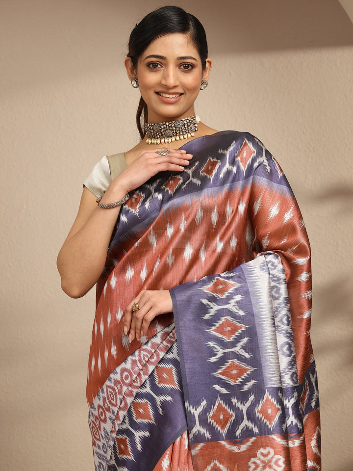 Rust Printed Silk Saree With Unstitched Blouse Piece
