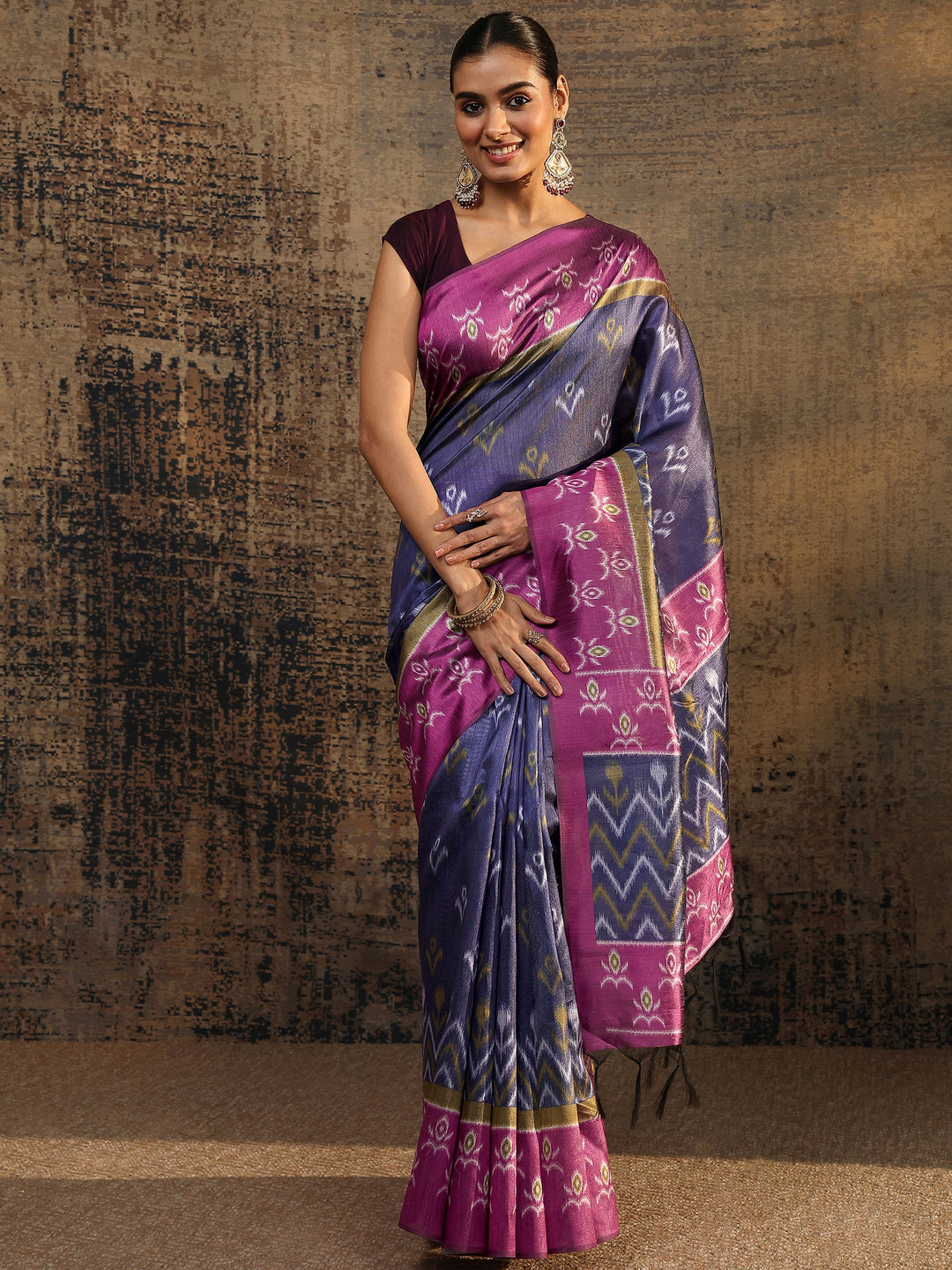 Purple Ikat Printed Silk Saree With Unstitched Blouse Piece