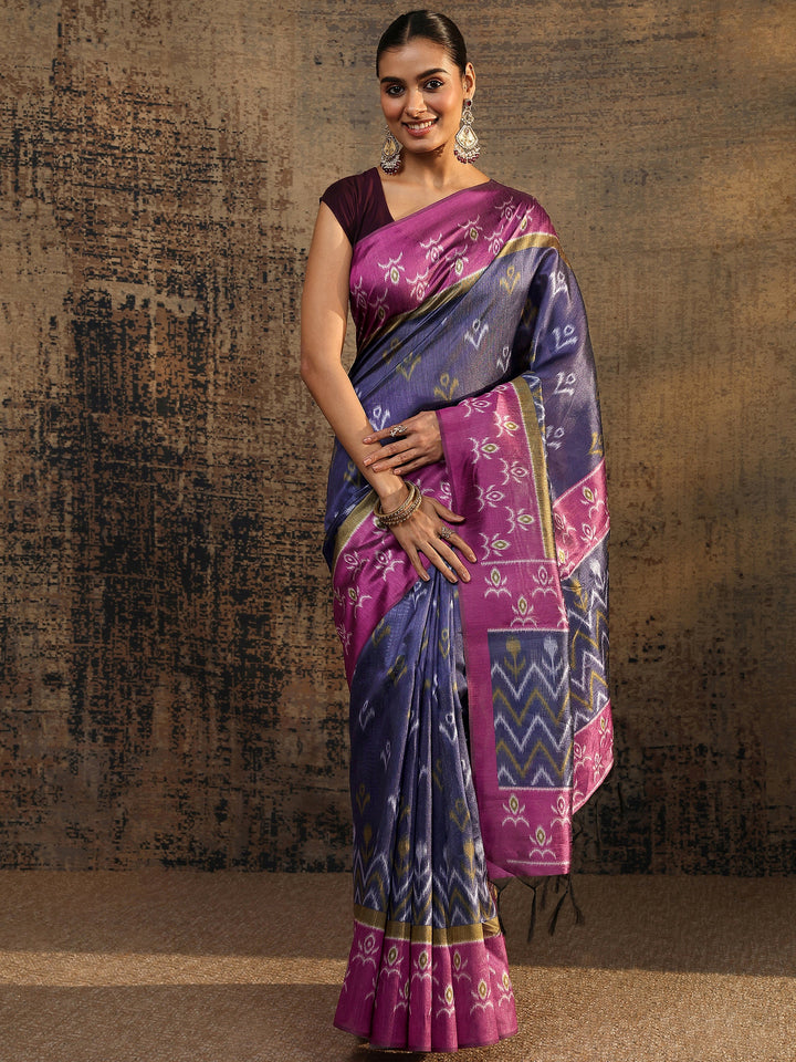 Purple Ikat Printed Silk Saree With Unstitched Blouse Piece