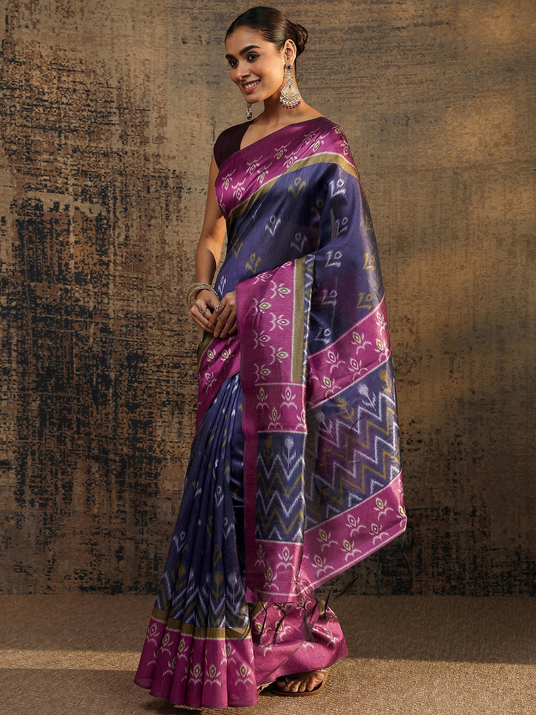 Purple Ikat Printed Silk Saree With Unstitched Blouse Piece