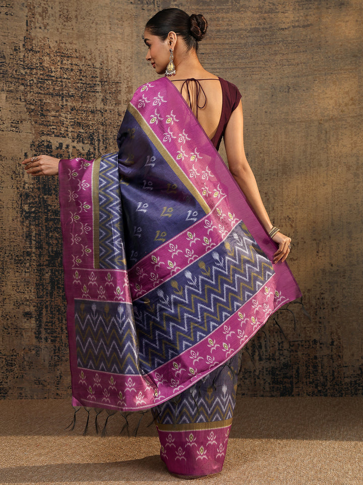 Purple Ikat Printed Silk Saree With Unstitched Blouse Piece