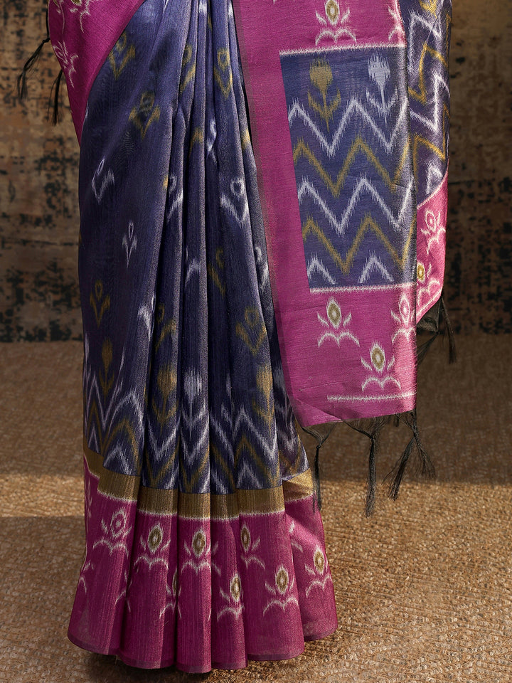 Purple Ikat Printed Silk Saree With Unstitched Blouse Piece