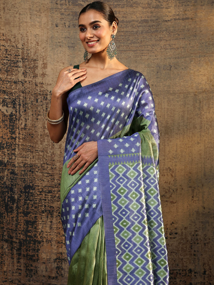 Navy Blue Ikat Solid Silk Saree With Unstitched Blouse Piece