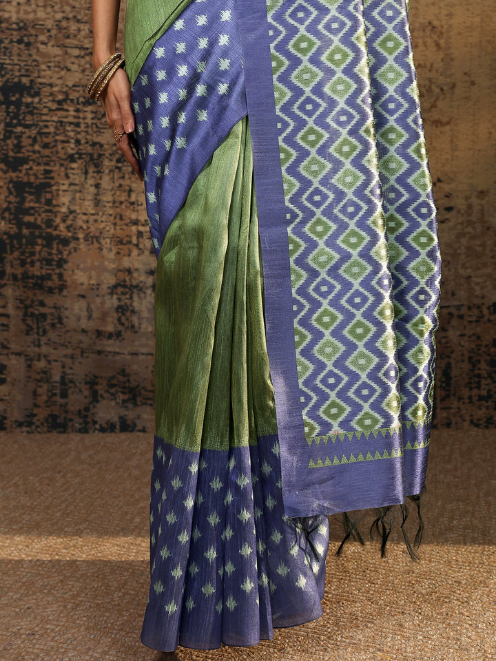 Navy Blue Ikat Solid Silk Saree With Unstitched Blouse Piece