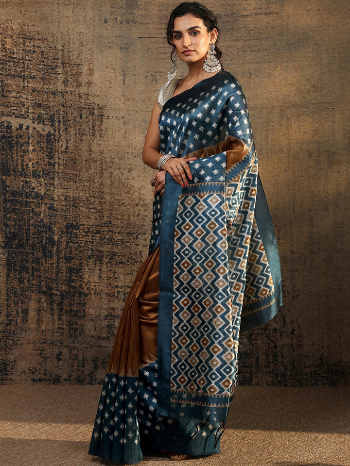 Navy Blue Ikat Solid Silk Saree With Unstitched Blouse Piece