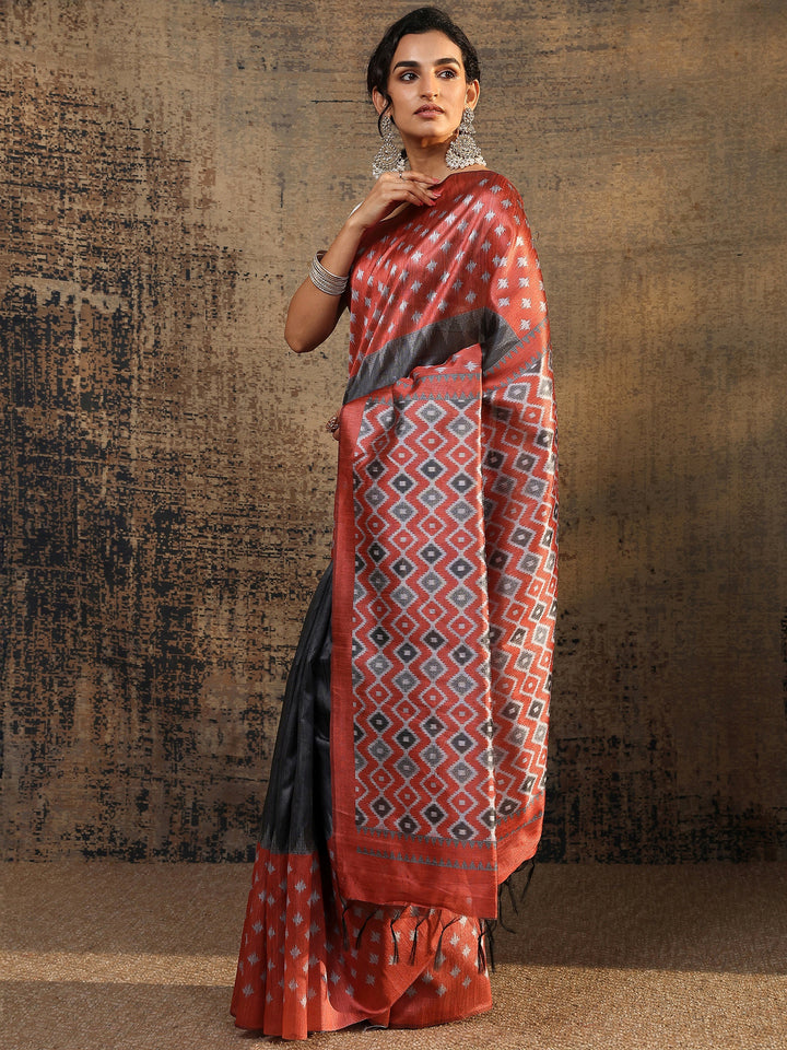 Red Ikat Solid Silk Saree With Unstitched Blouse Piece