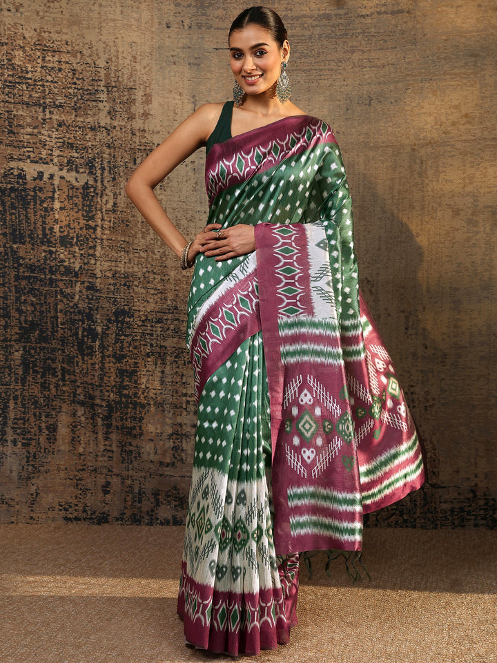 Green Ikat Printed Silk Saree With Unstitched Blouse Piece