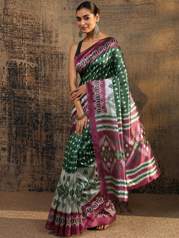 Green Ikat Printed Silk Saree With Unstitched Blouse Piece