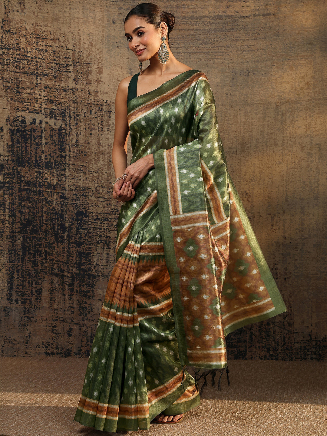 Olive Ikat Printed Silk Saree With Unstitched Blouse Piece