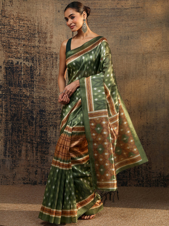 Olive Ikat Printed Silk Saree With Unstitched Blouse Piece