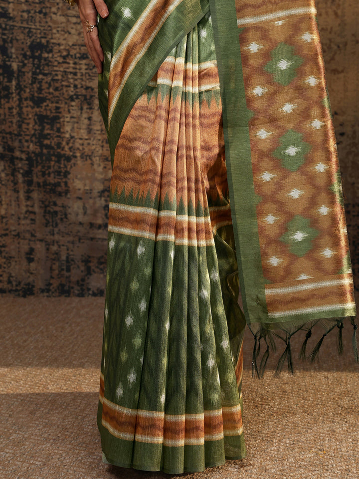 Olive Ikat Printed Silk Saree With Unstitched Blouse Piece