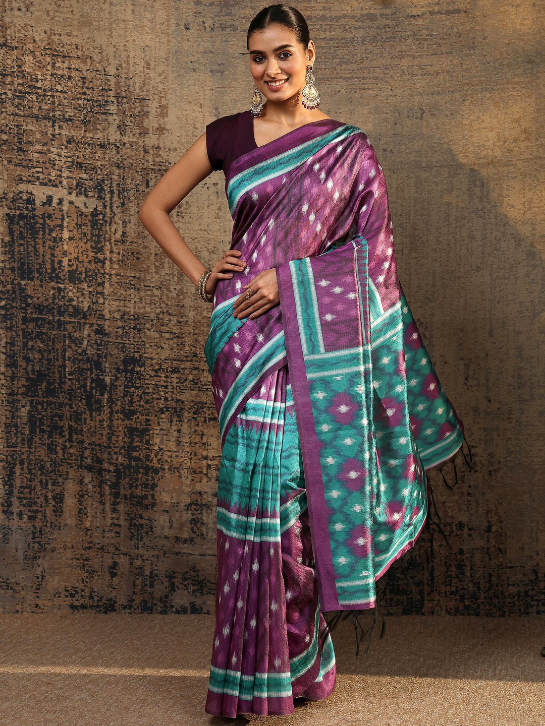 Purple Ikat Printed Silk Saree With Unstitched Blouse Piece