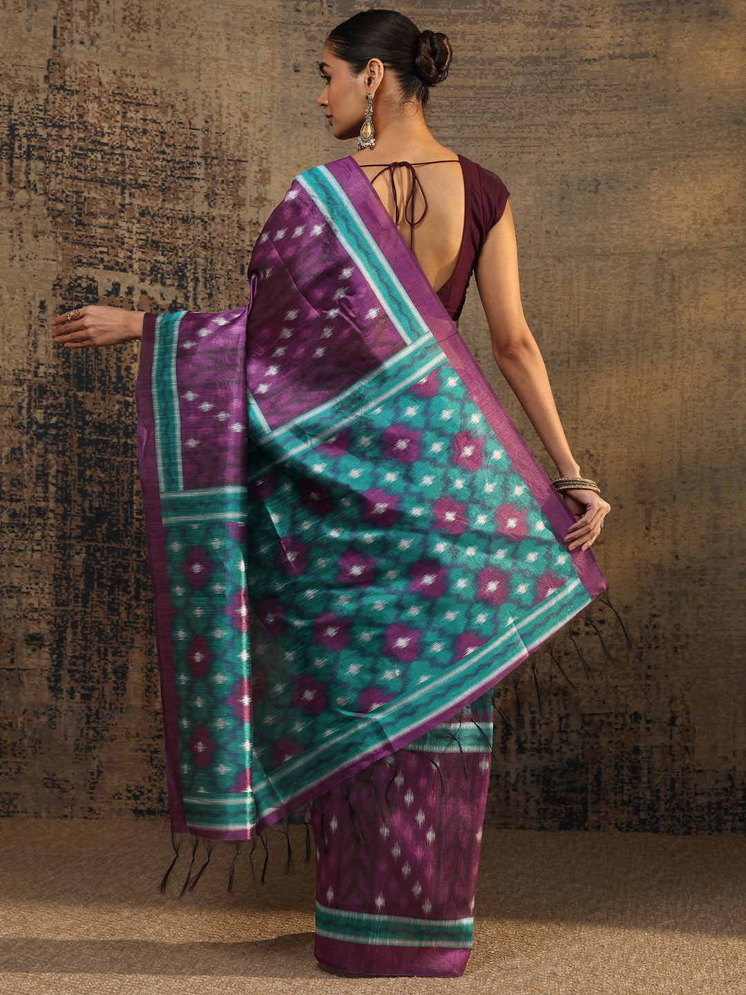 Purple Ikat Printed Silk Saree With Unstitched Blouse Piece