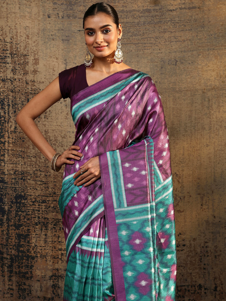 Purple Ikat Printed Silk Saree With Unstitched Blouse Piece