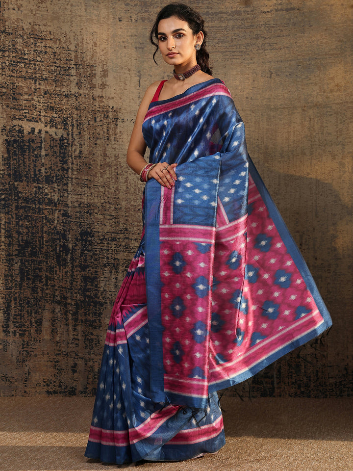 Navy Blue Ikat Printed Silk Saree With Unstitched Blouse Piece
