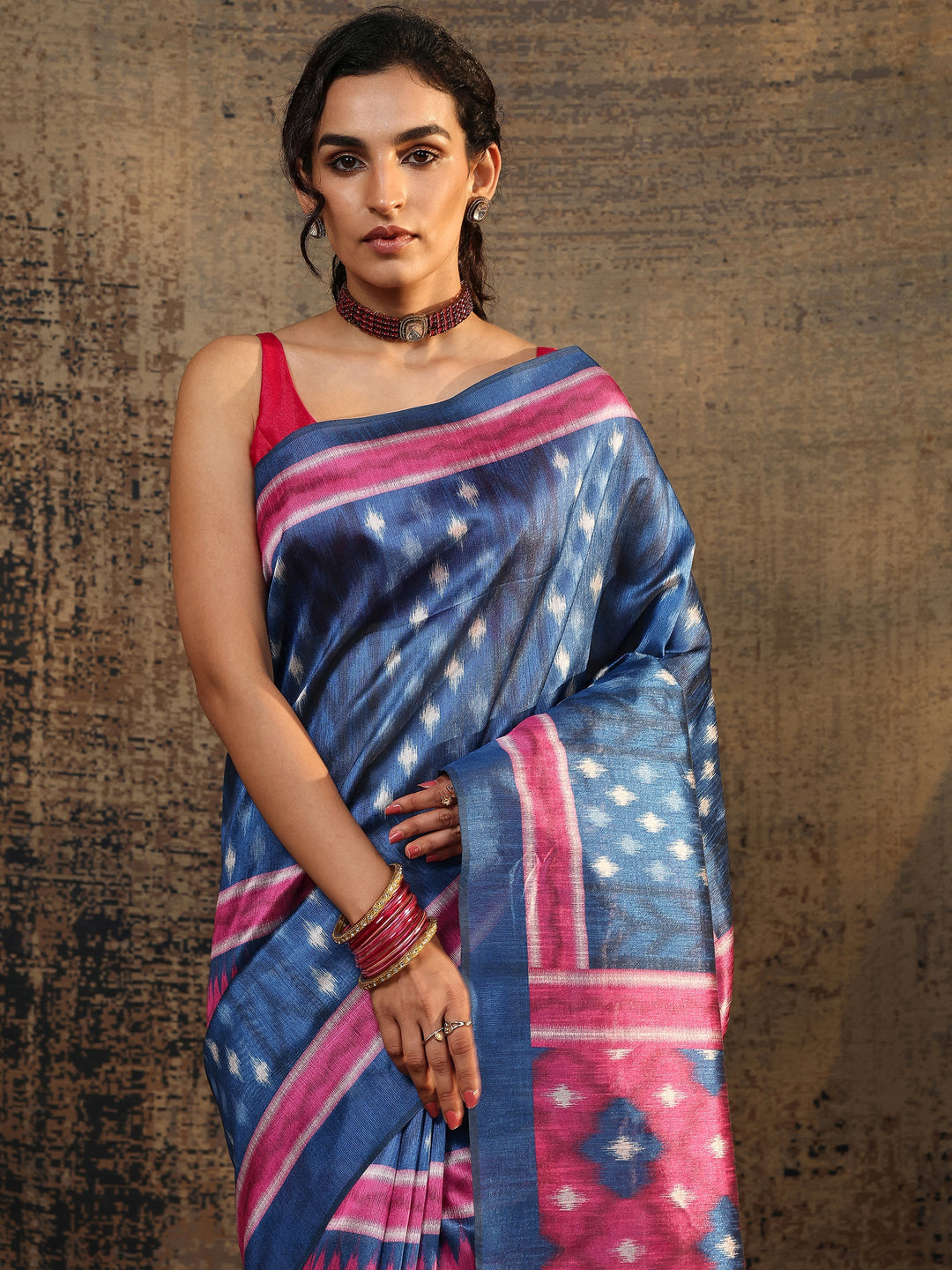 Navy Blue Ikat Printed Silk Saree With Unstitched Blouse Piece
