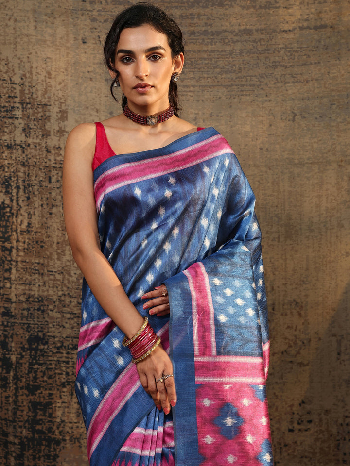 Navy Blue Ikat Printed Silk Saree With Unstitched Blouse Piece