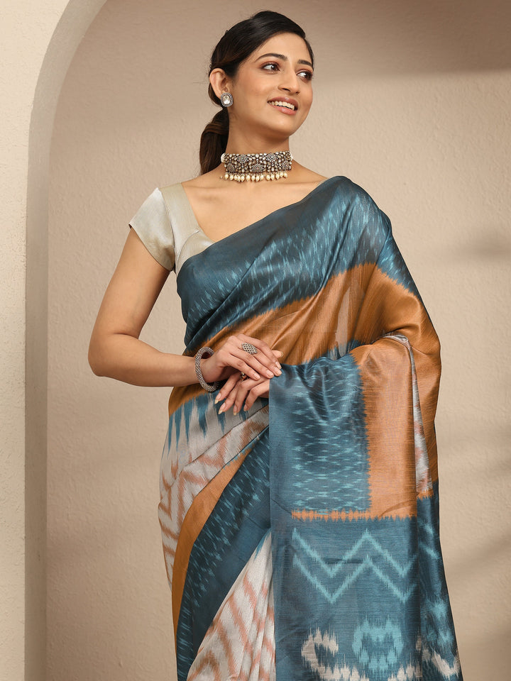 Teal Abstract Printed Silk Saree With Unstitched Blouse Piece